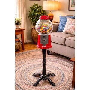 Vintage Carousel 35" Tall Standing Gum Ball Machine Taiwan Red Black Cast Iron